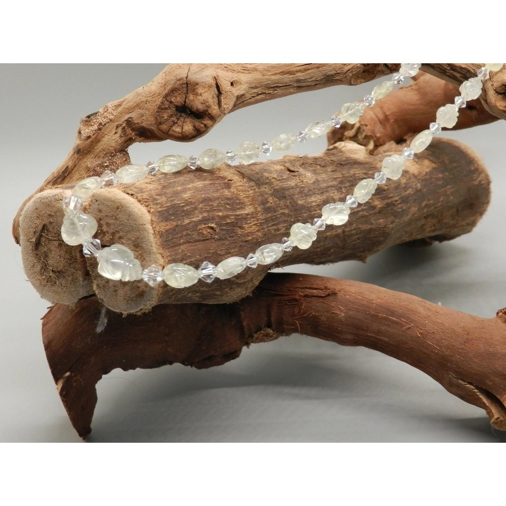 Prehnite floral carved beaded necklace, Swarovski crystal accents